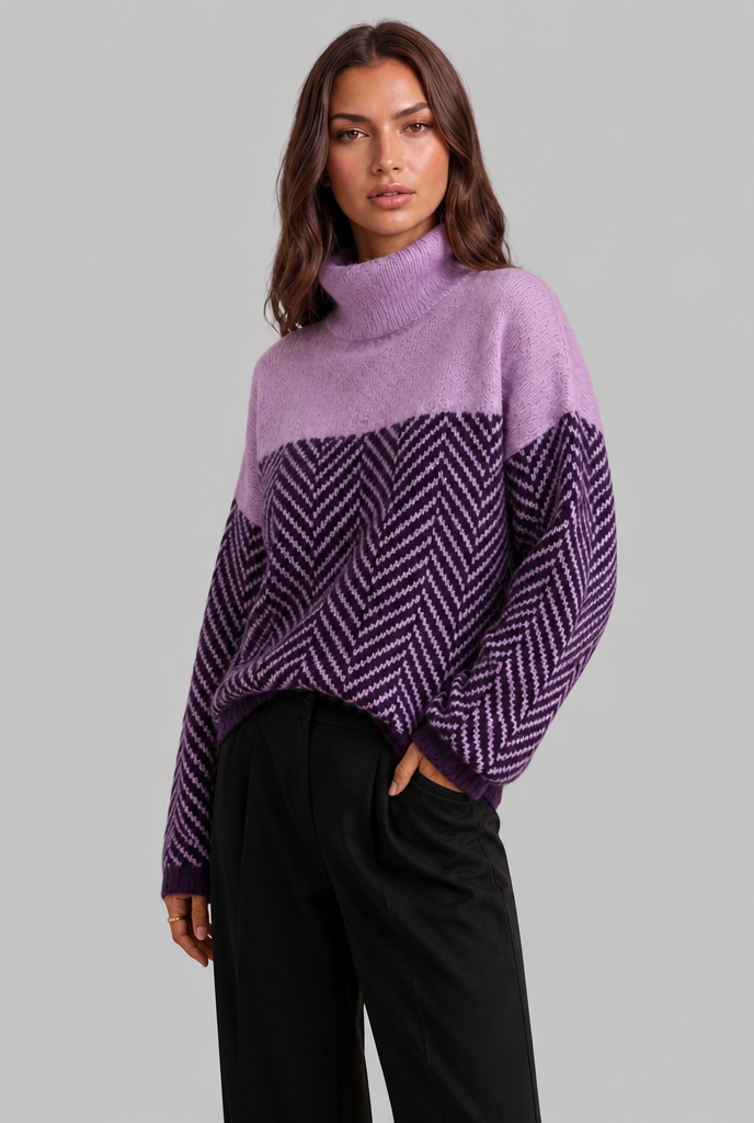 Maglione Donna Collo Alto Chevron Bicolore Blu e Crema