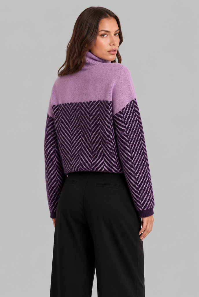 Maglione Donna Collo Alto Chevron Bicolore Blu e Crema