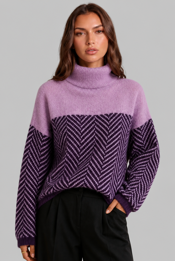 Maglione Donna Collo Alto Chevron Bicolore Blu e Crema