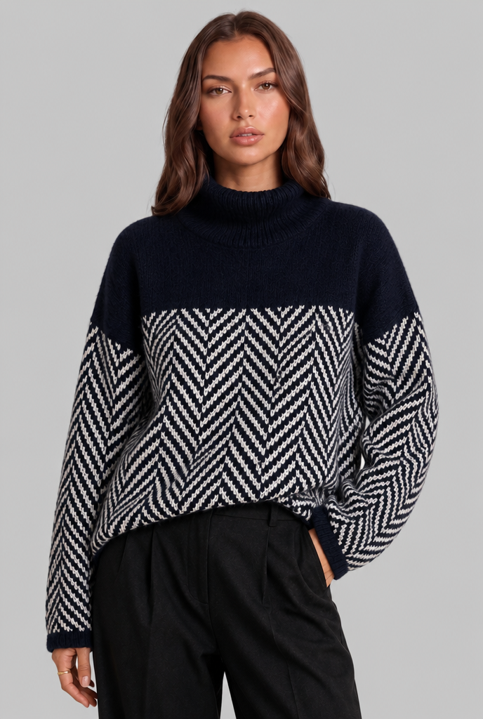 Maglione Donna Collo Alto Chevron Bicolore Blu e Crema