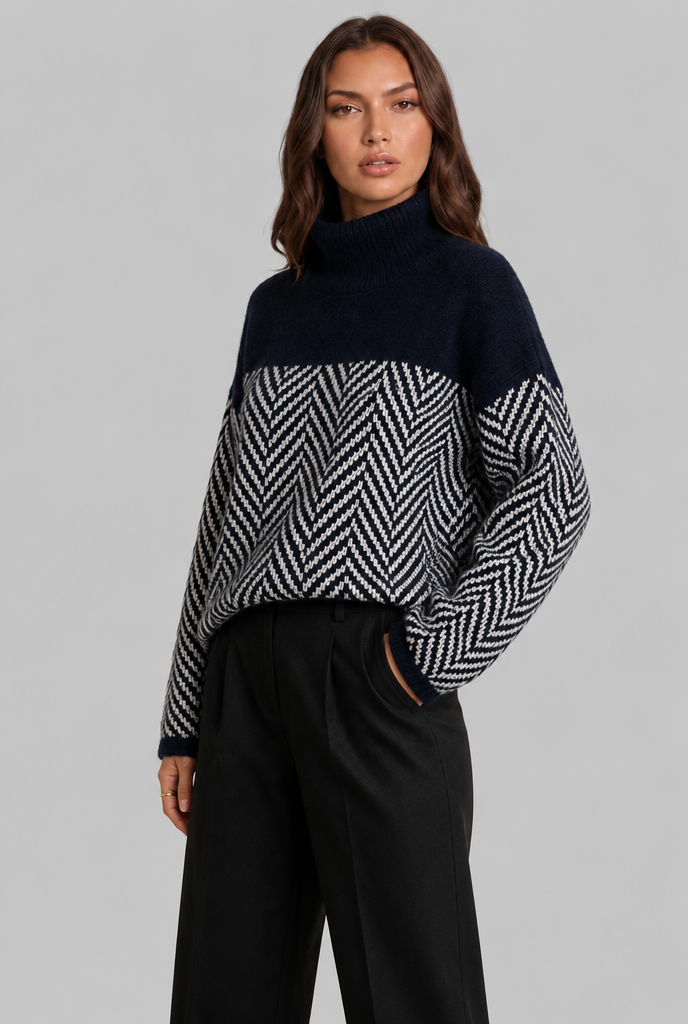 Maglione Donna Collo Alto Chevron Bicolore Blu e Crema