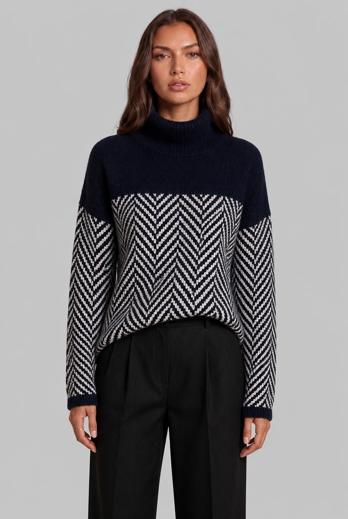 Maglione Donna Collo Alto Chevron Bicolore Blu e Crema