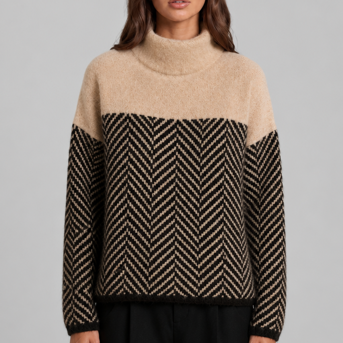 Maglione Donna Collo Alto Chevron Bicolore Blu e Crema