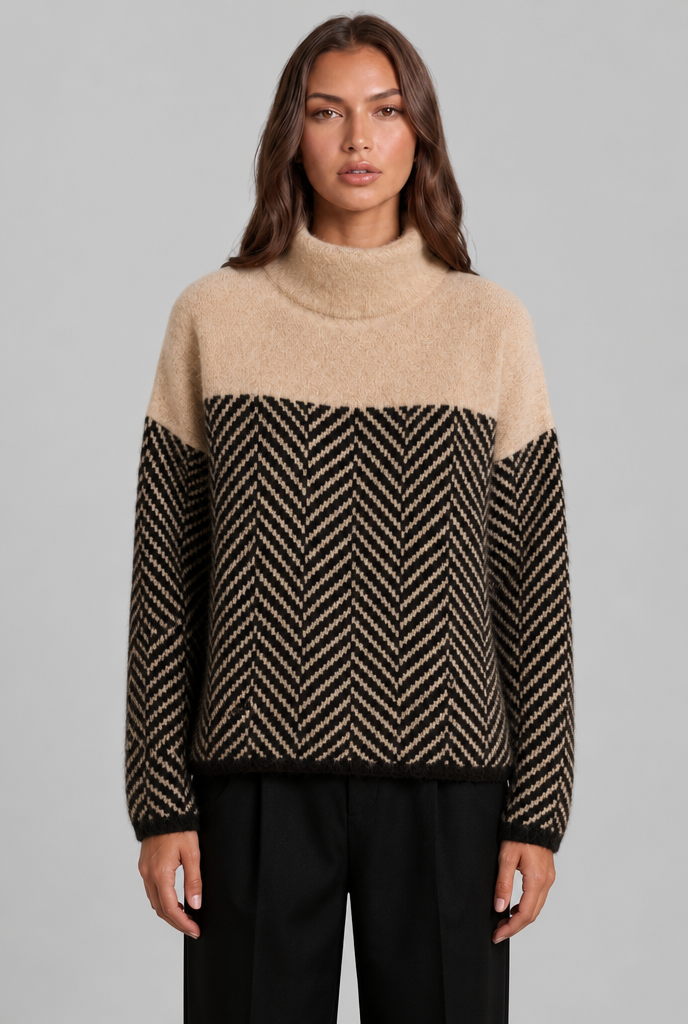 Maglione Donna Collo Alto Chevron Bicolore Blu e Crema