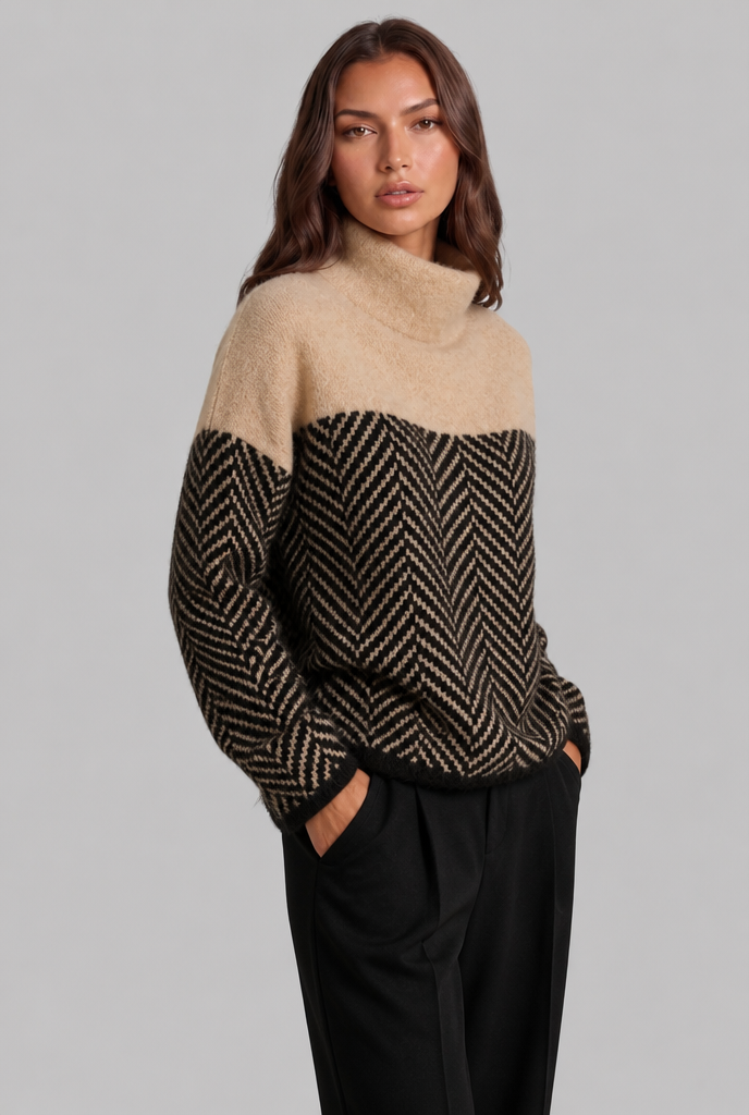Maglione Donna Collo Alto Chevron Bicolore Blu e Crema