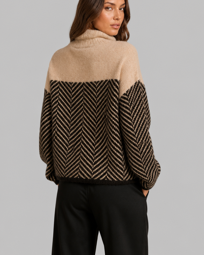 Maglione Donna Collo Alto Chevron Bicolore Blu e Crema