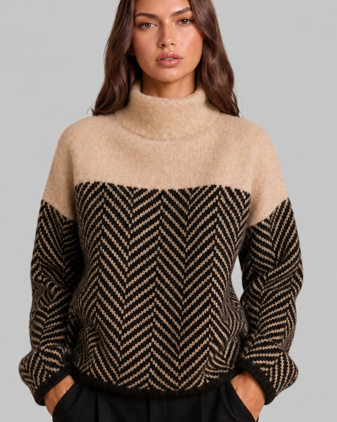 Maglione Donna Collo Alto Chevron Bicolore Blu e Crema