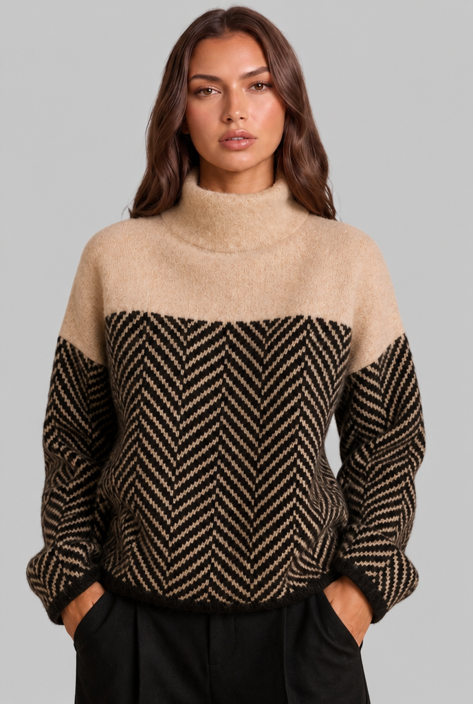 Maglione Donna Collo Alto Chevron Bicolore Blu e Crema
