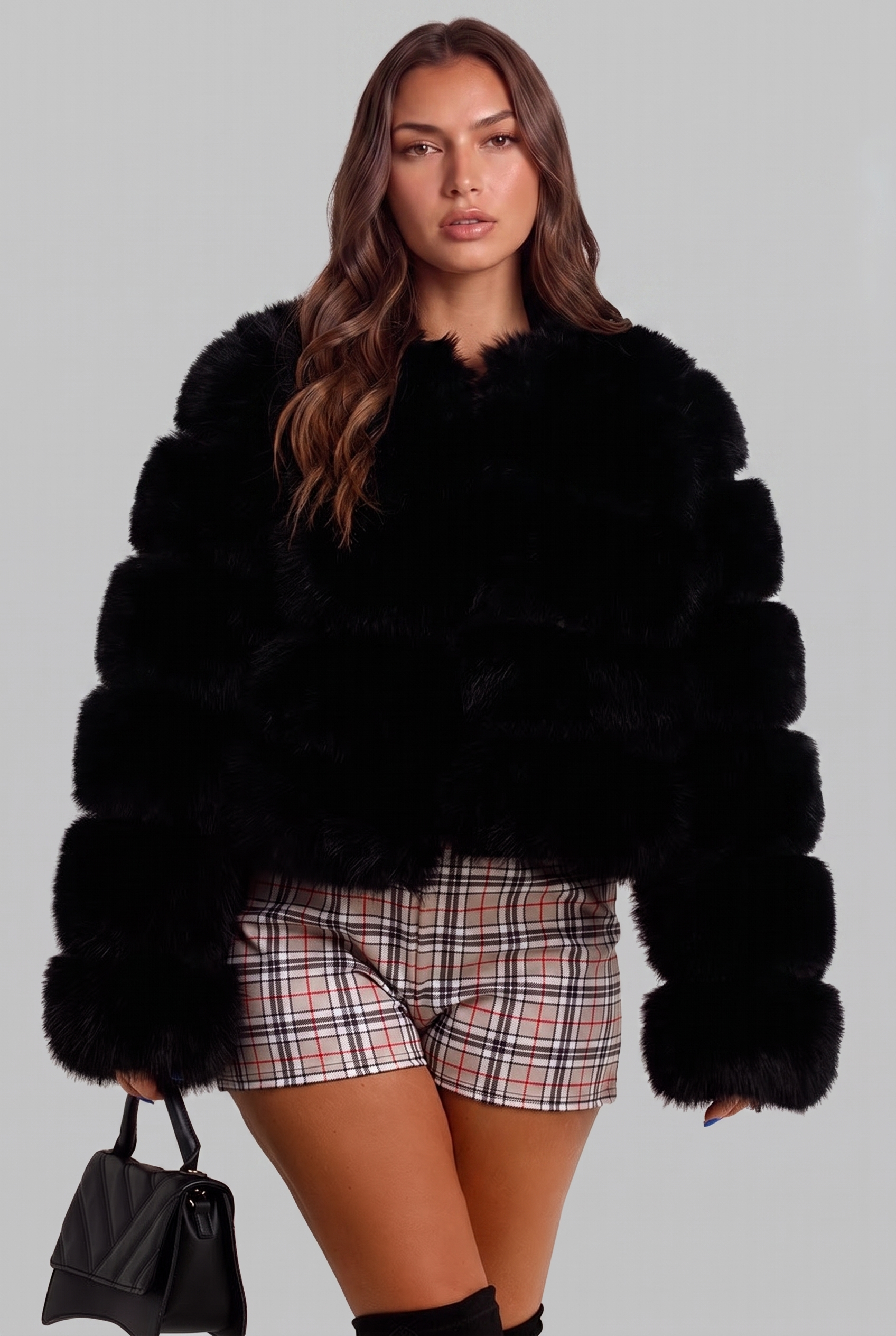 Cappotto Donna in Pelliccia Sintetica Senza Collo Boxy