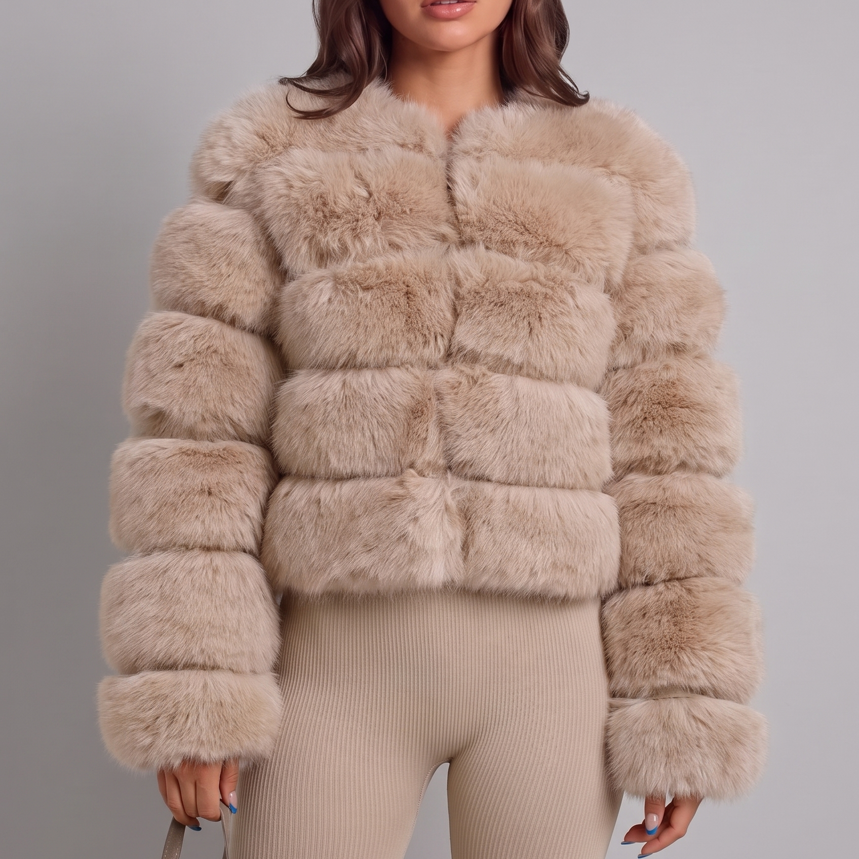 Cappotto Donna in Pelliccia Sintetica Senza Collo Boxy