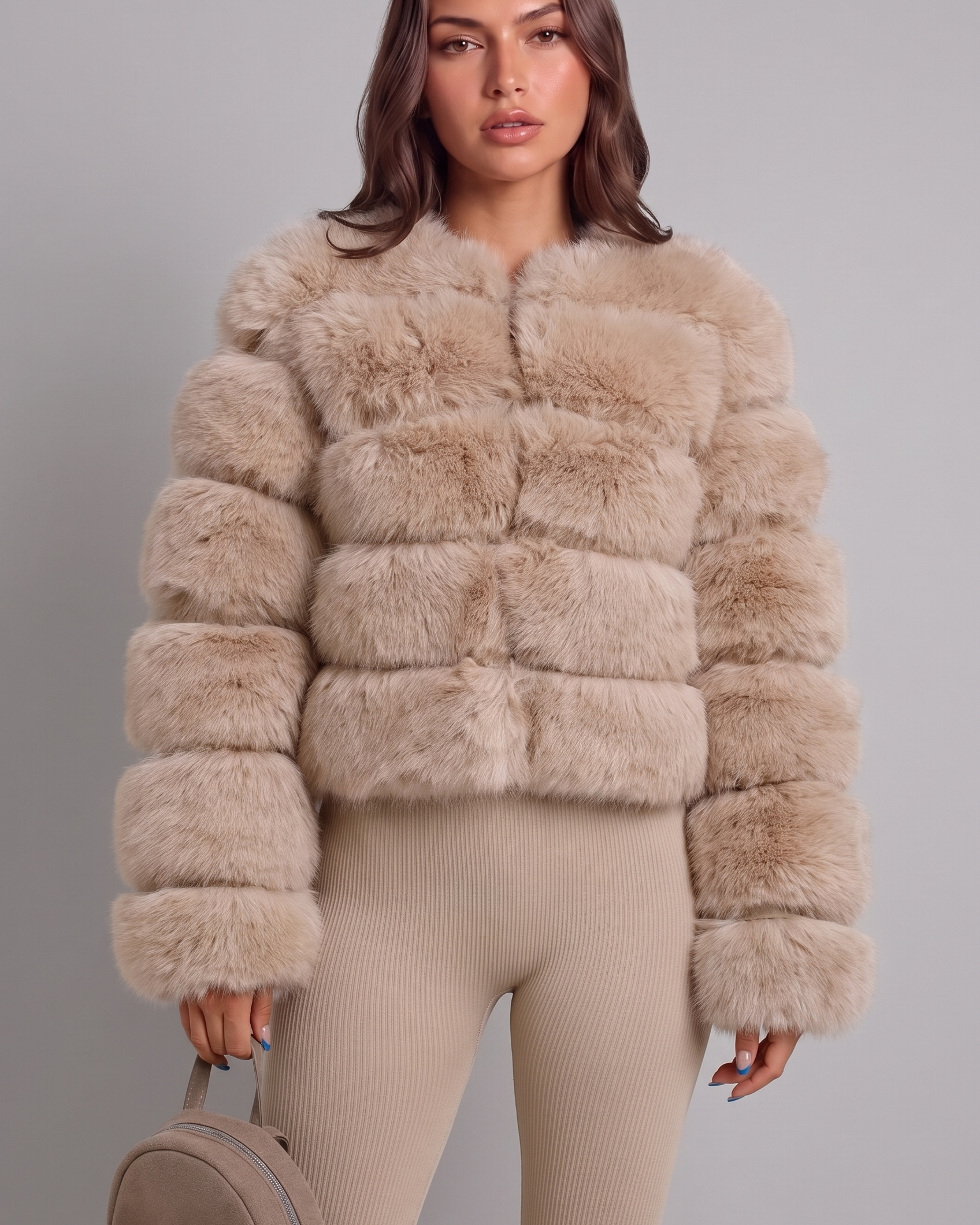 Cappotto Donna in Pelliccia Sintetica Senza Collo Boxy
