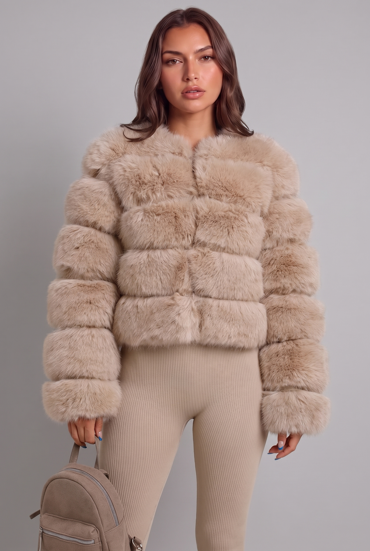Cappotto Donna in Pelliccia Sintetica Senza Collo Boxy