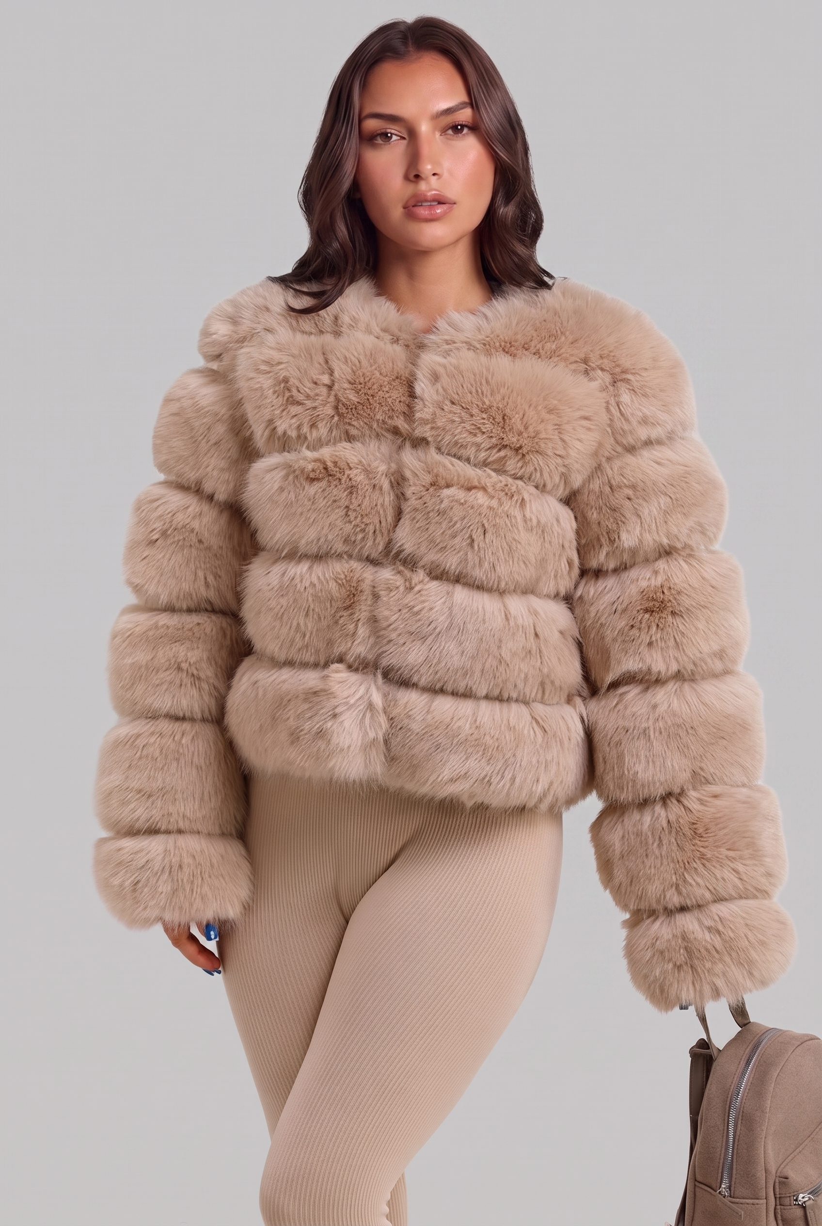 Cappotto Donna in Pelliccia Sintetica Senza Collo Boxy