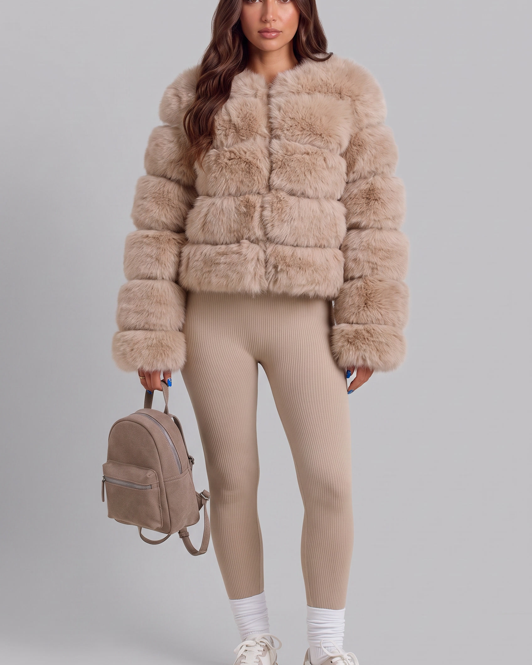 Cappotto Donna in Pelliccia Sintetica Senza Collo Boxy