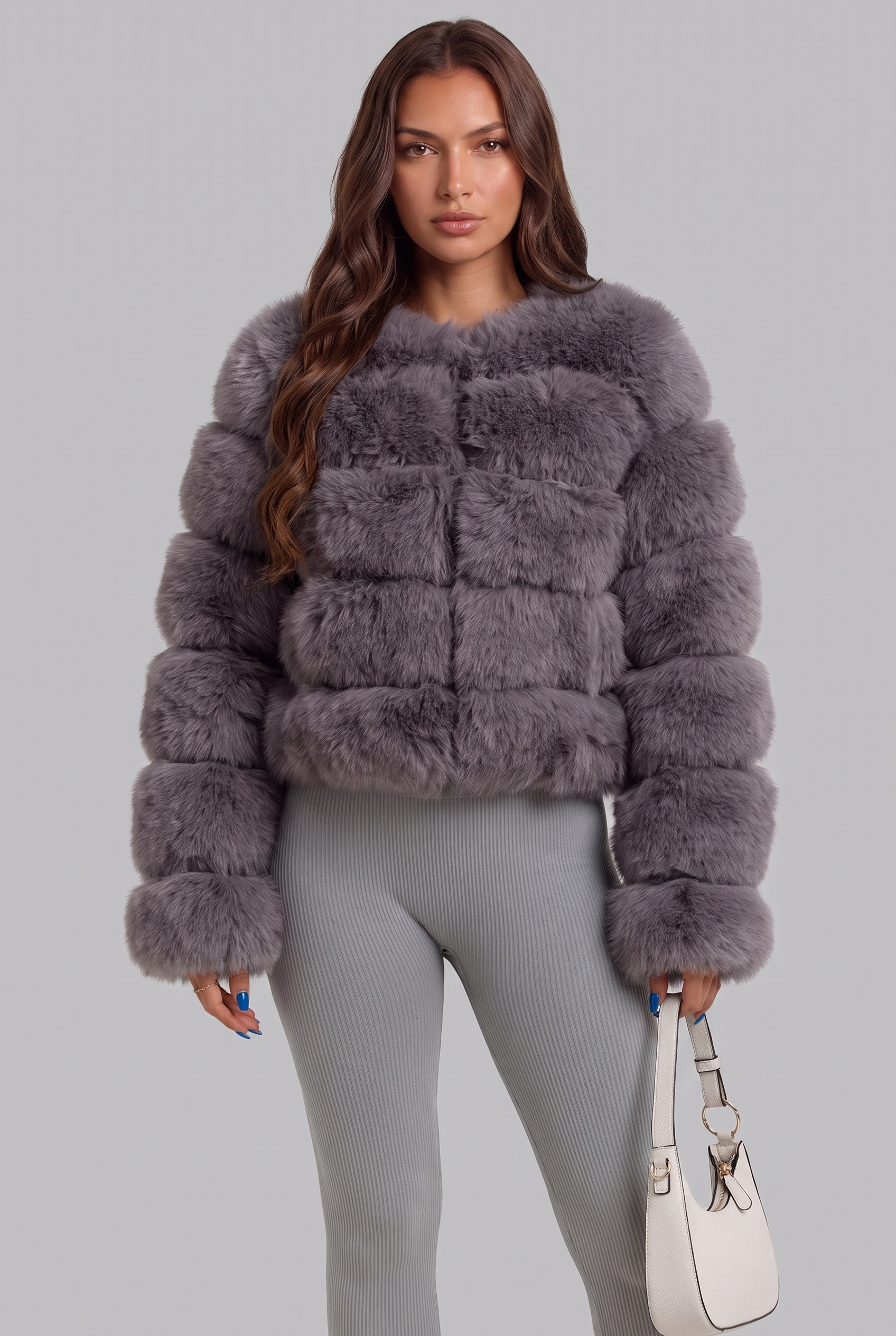 Cappotto Donna in Pelliccia Sintetica Senza Collo Boxy