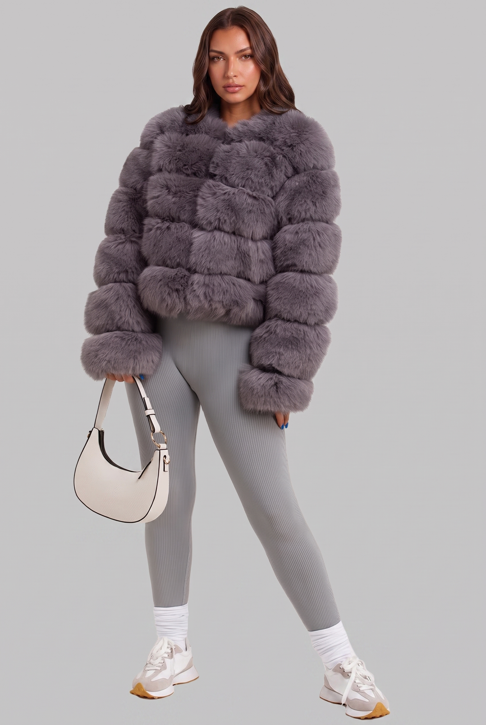 Cappotto Donna in Pelliccia Sintetica Senza Collo Boxy