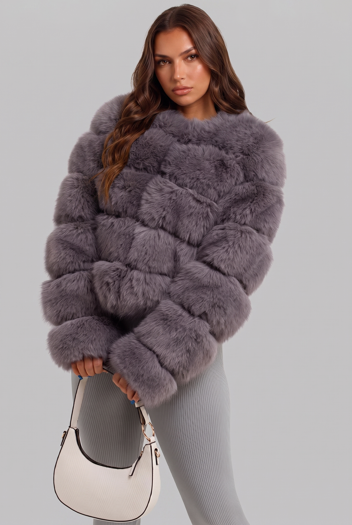 Cappotto Donna in Pelliccia Sintetica Senza Collo Boxy