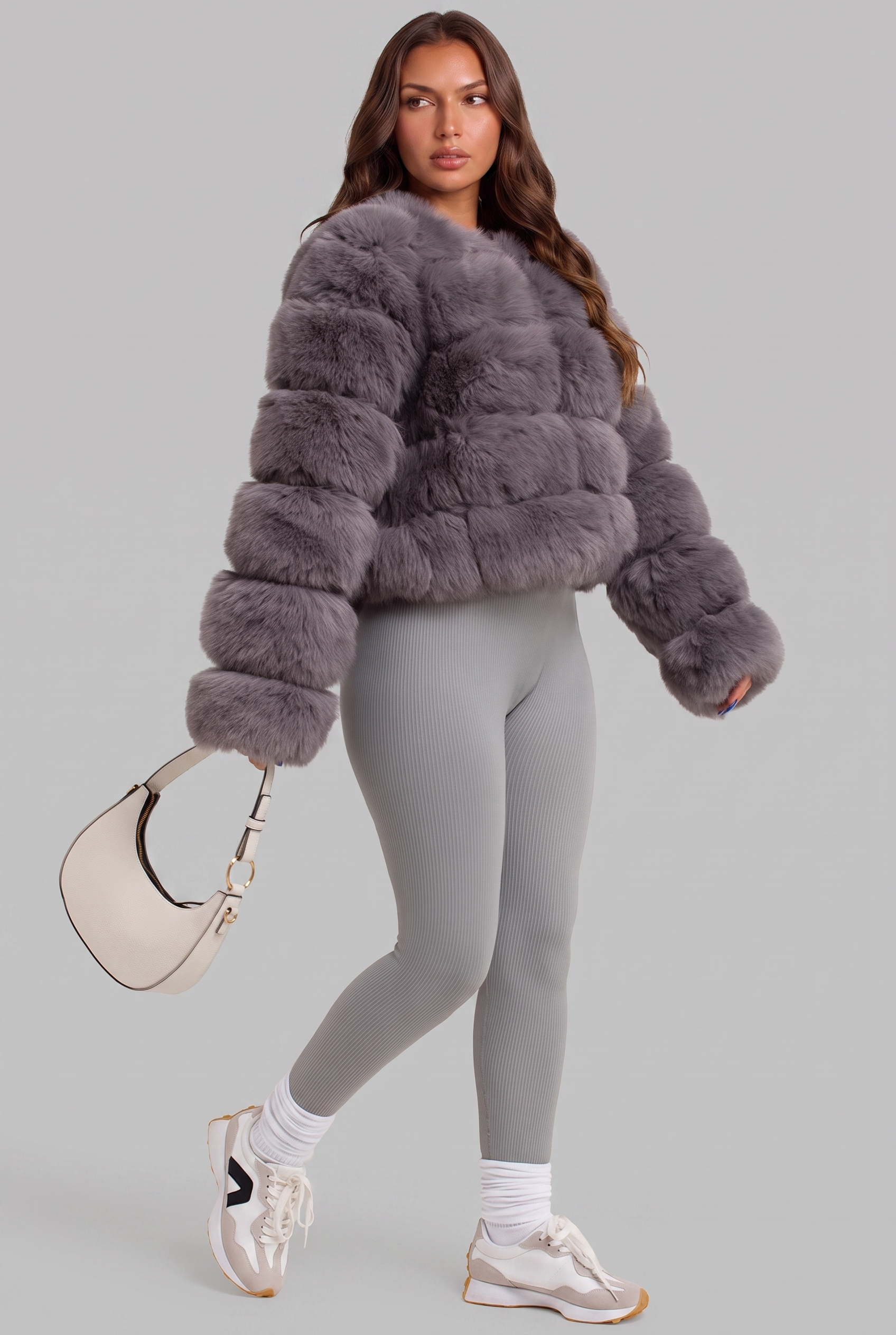 Cappotto Donna in Pelliccia Sintetica Senza Collo Boxy
