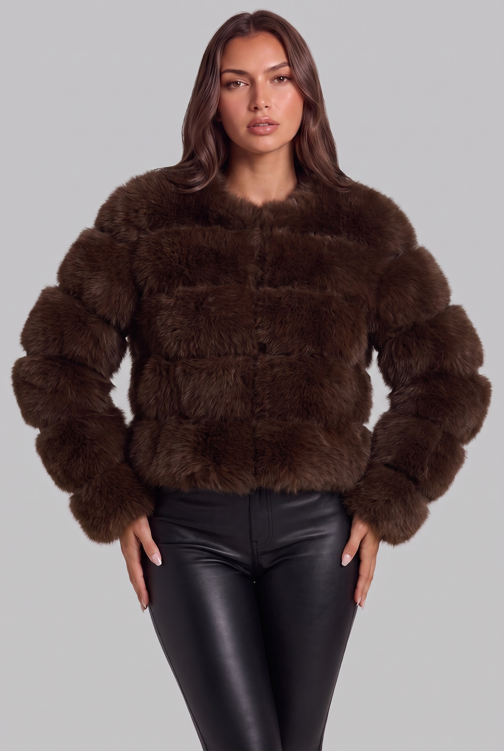 Cappotto Donna in Pelliccia Sintetica Senza Collo Boxy