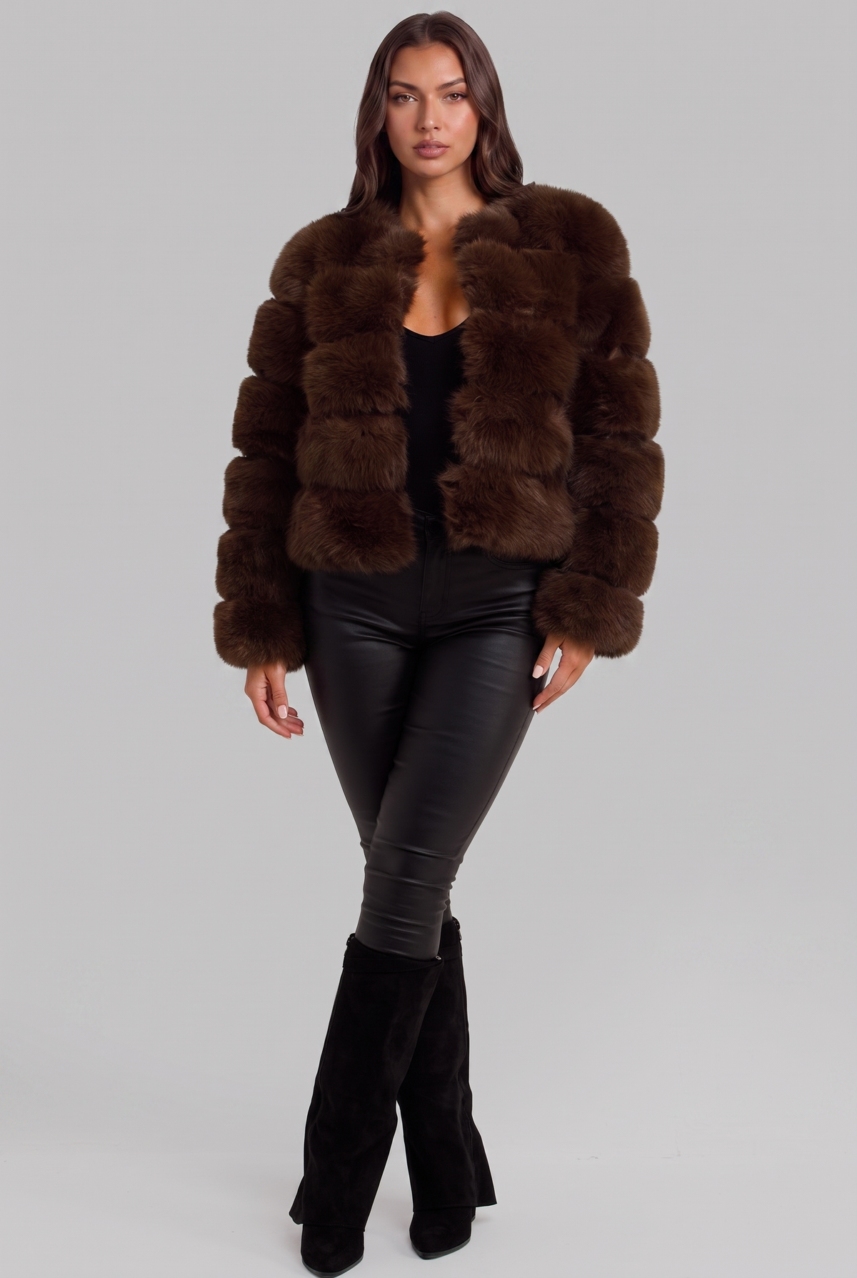 Cappotto Donna in Pelliccia Sintetica Senza Collo Boxy