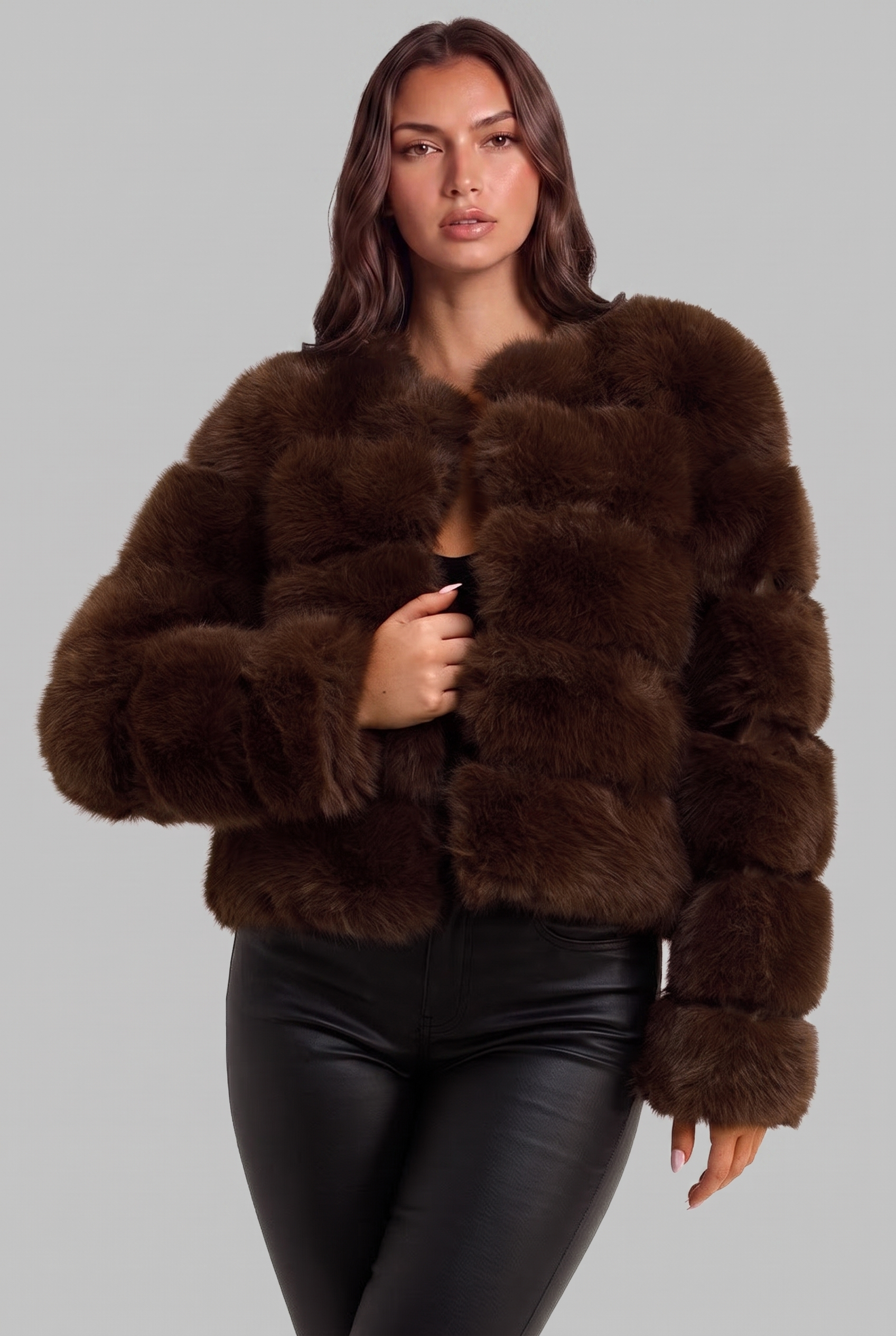 Cappotto Donna in Pelliccia Sintetica Senza Collo Boxy