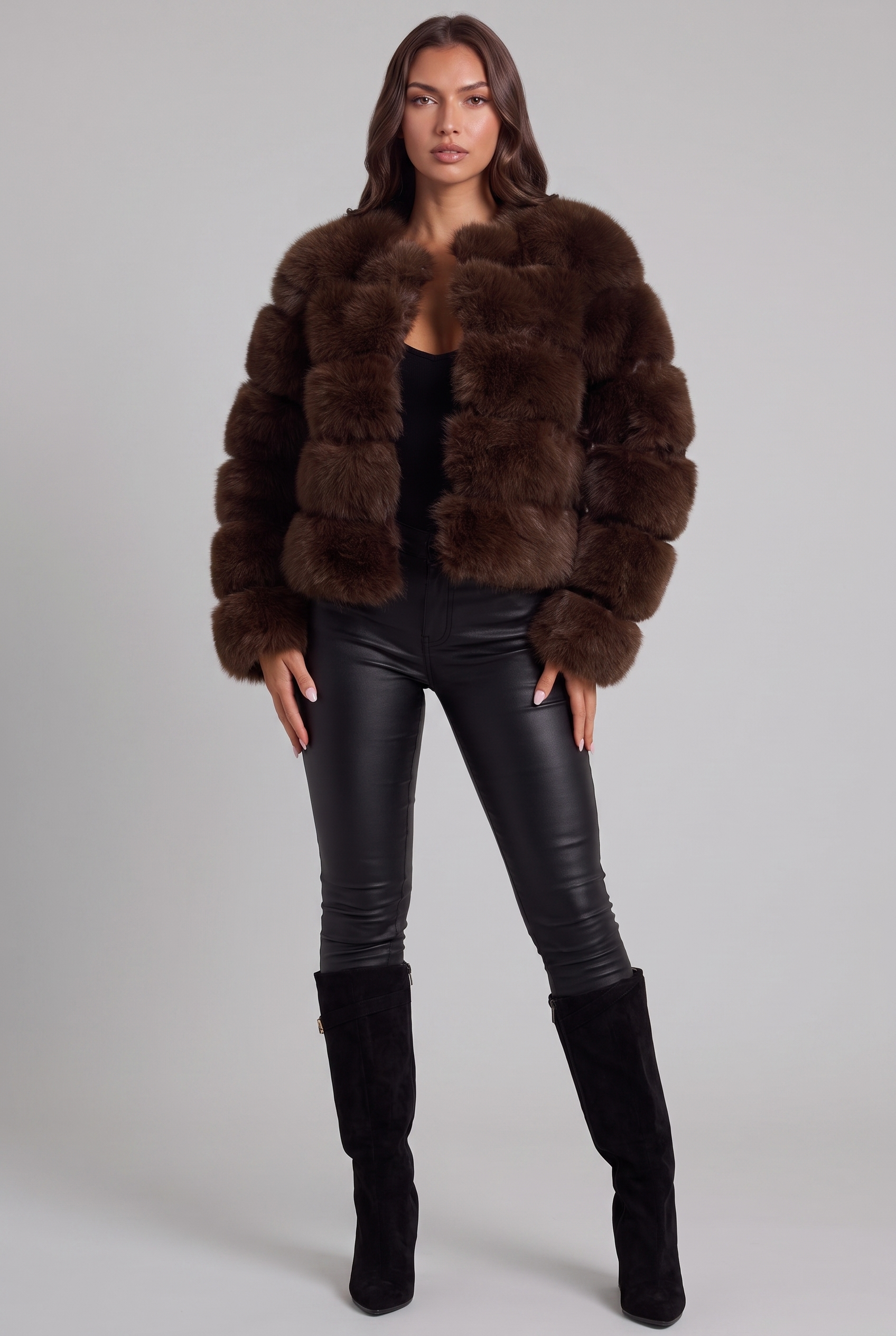 Cappotto Donna in Pelliccia Sintetica Senza Collo Boxy