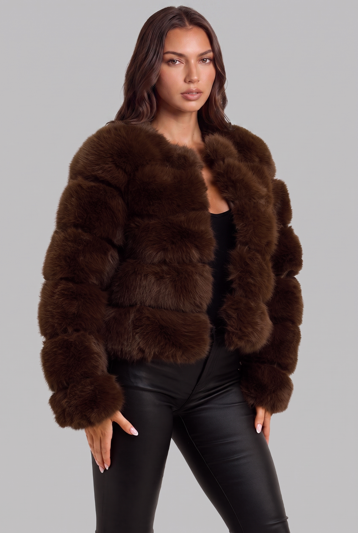 Cappotto Donna in Pelliccia Sintetica Senza Collo Boxy
