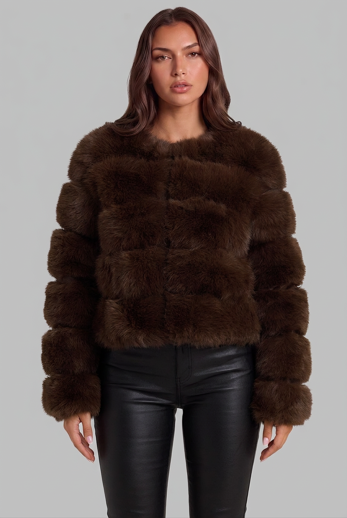 Cappotto Donna in Pelliccia Sintetica Senza Collo Boxy