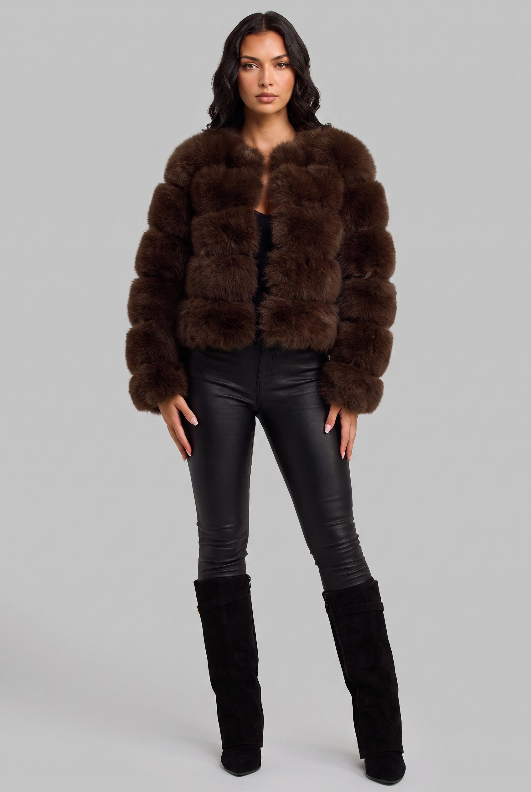 Cappotto Donna in Pelliccia Sintetica Senza Collo Boxy