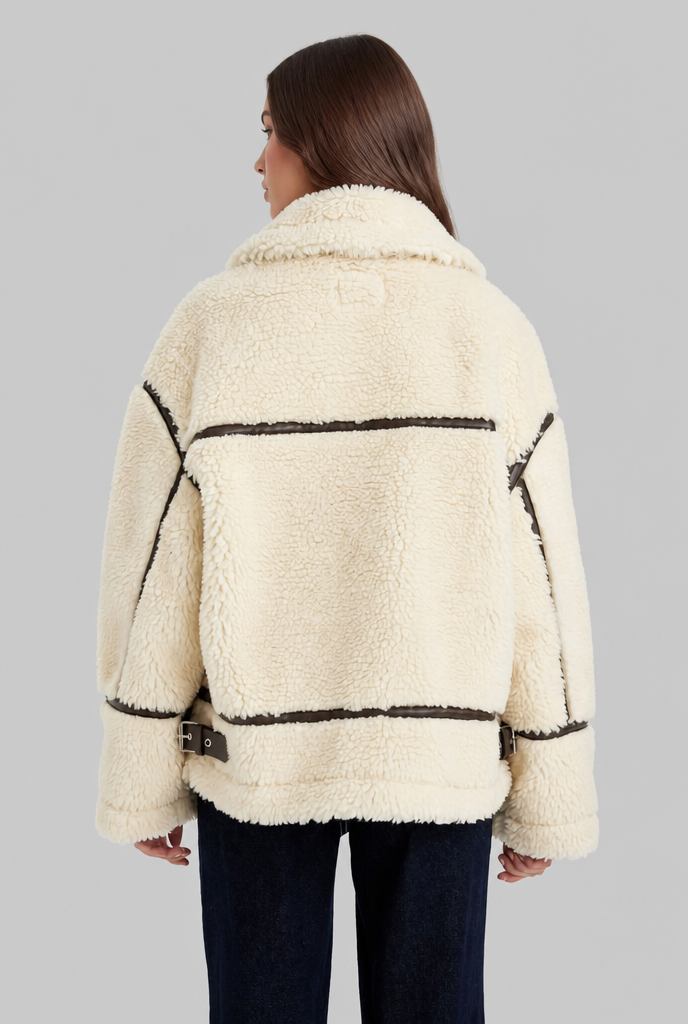 Giacca Aviator Donna in Sherpa di Lana Profili Effetto Pelle