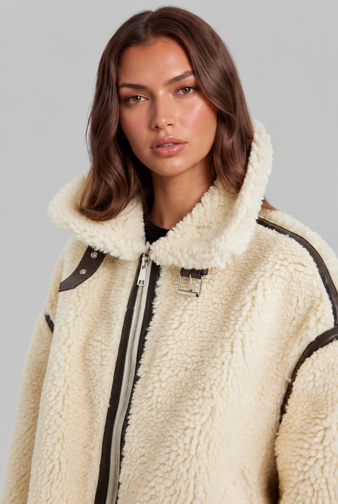 Giacca Aviator Donna in Sherpa di Lana Profili Effetto Pelle