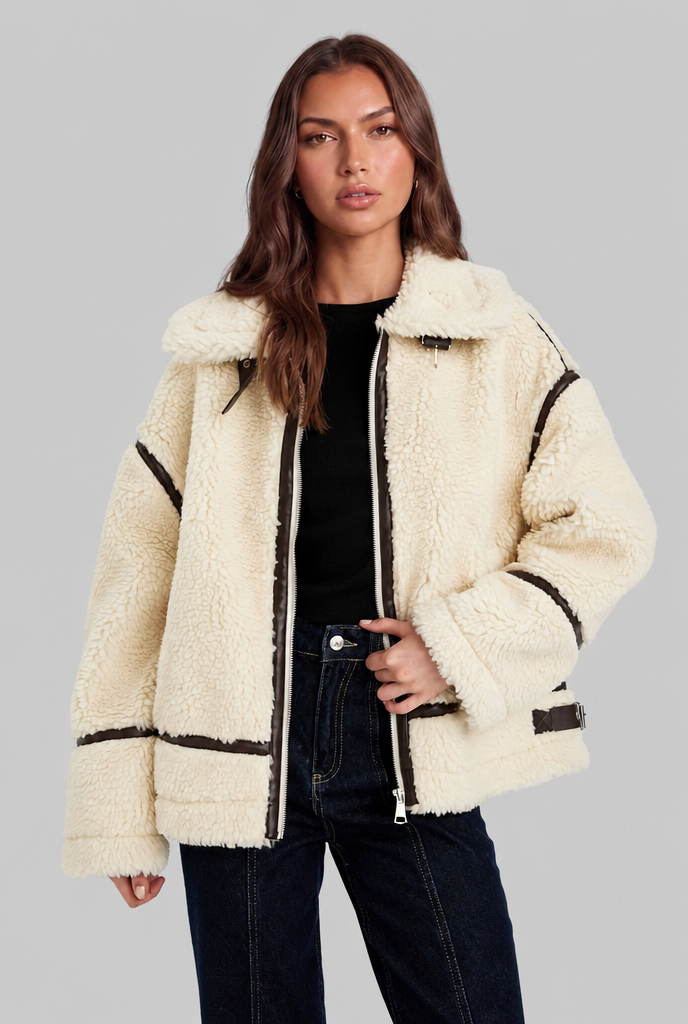 Giacca Aviator Donna in Sherpa di Lana Profili Effetto Pelle