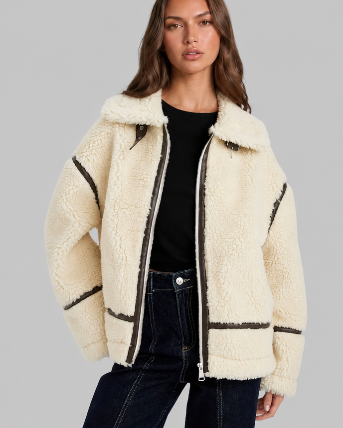Giacca Aviator Donna in Sherpa di Lana Profili Effetto Pelle