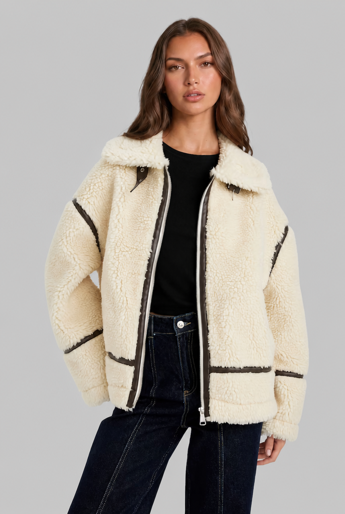Giacca Aviator Donna in Sherpa di Lana Profili Effetto Pelle