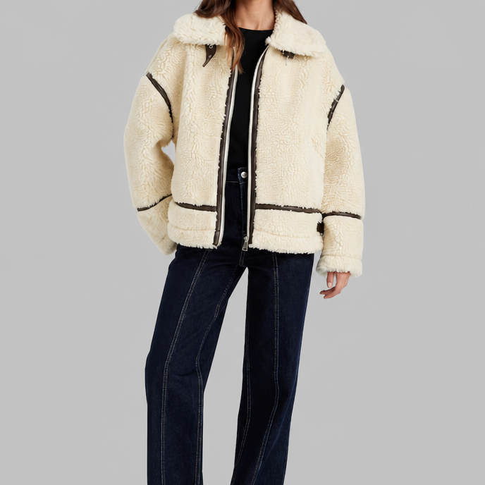 Giacca Aviator Donna in Sherpa di Lana Profili Effetto Pelle