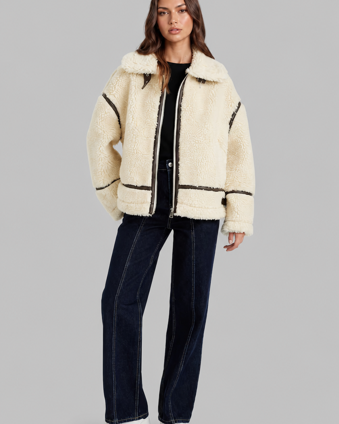 Giacca Aviator Donna in Sherpa di Lana Profili Effetto Pelle