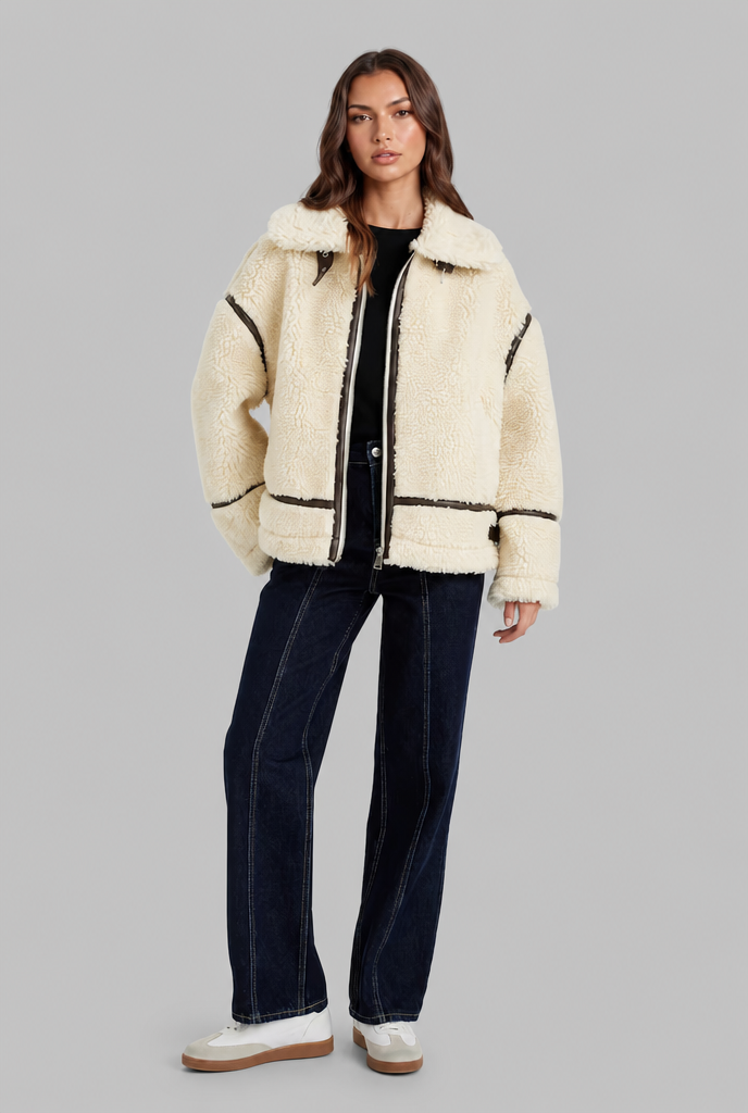 Giacca Aviator Donna in Sherpa di Lana Profili Effetto Pelle