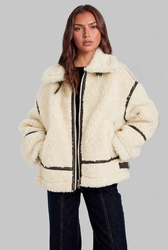 Giacca Aviator Donna in Sherpa di Lana Profili Effetto Pelle