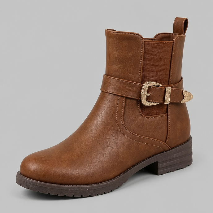 Stivaletti Donna in Pelle con Fibbia ed Elastici Laterali