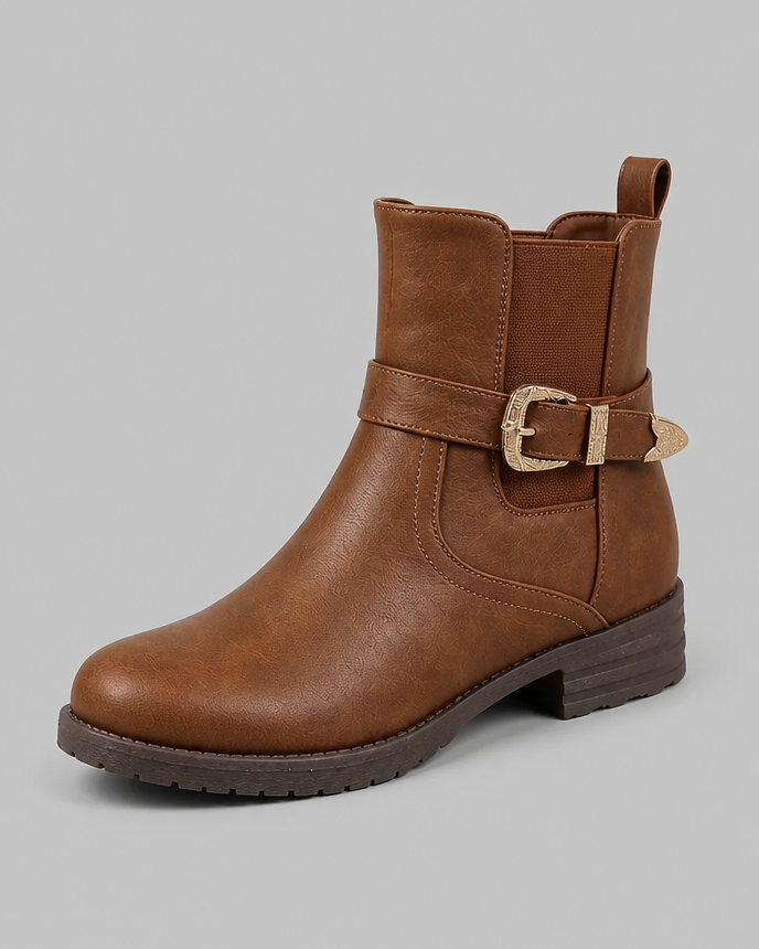 Stivaletti Donna in Pelle con Fibbia ed Elastici Laterali