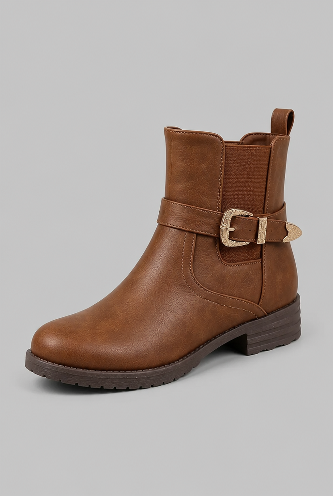 Stivaletti Donna in Pelle con Fibbia ed Elastici Laterali