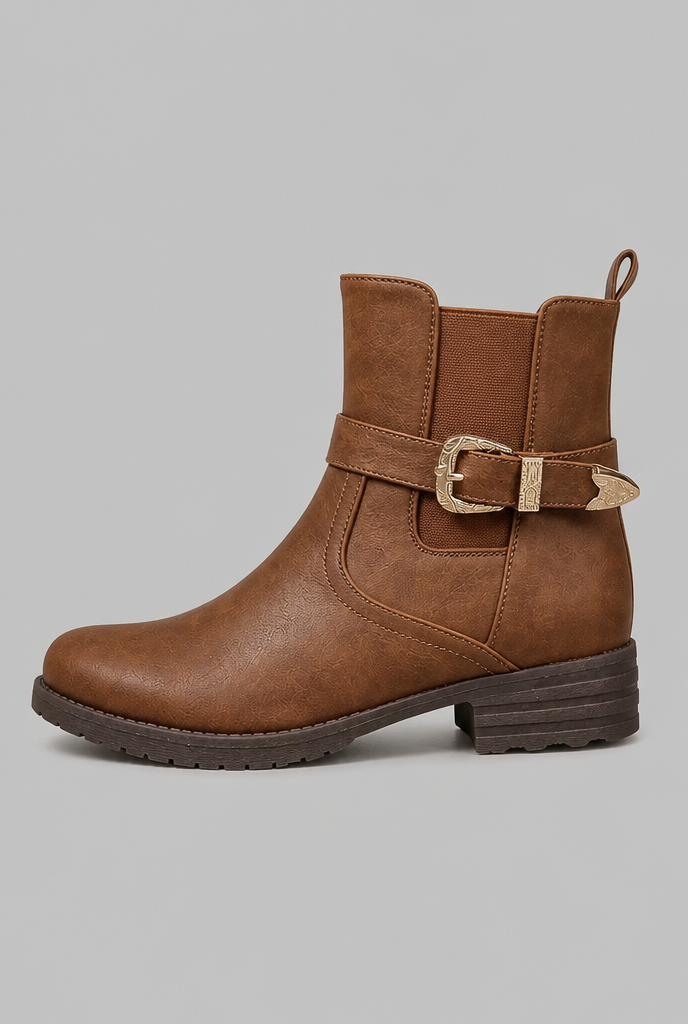 Stivaletti Donna in Pelle con Fibbia ed Elastici Laterali