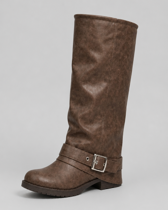 Stivali Donna Slouchy con Fibbia Effetto Pelle Suola Carrarmato