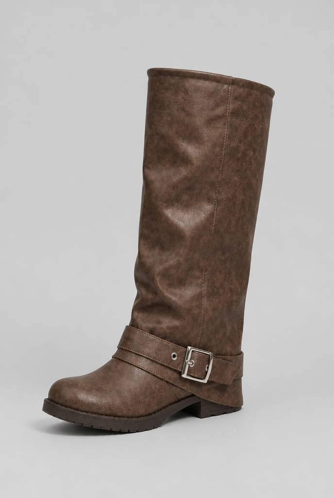 Stivali Donna Slouchy con Fibbia Effetto Pelle Suola Carrarmato