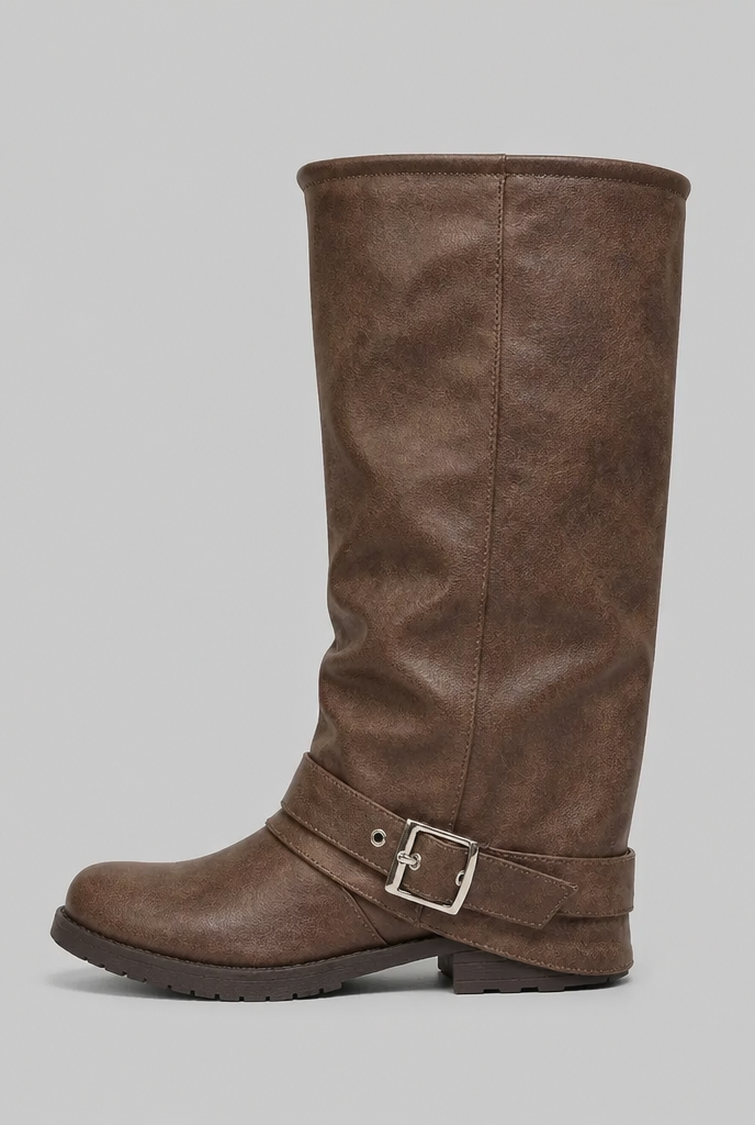 Stivali Donna Slouchy con Fibbia Effetto Pelle Suola Carrarmato