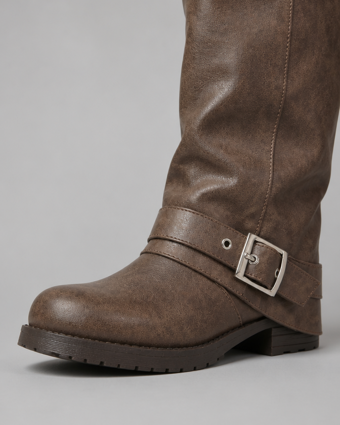 Stivali Donna Slouchy con Fibbia Effetto Pelle Suola Carrarmato