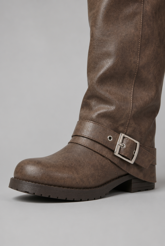 Stivali Donna Slouchy con Fibbia Effetto Pelle Suola Carrarmato