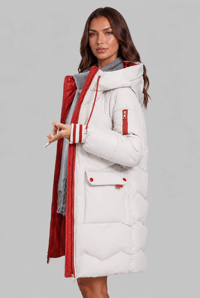 Cappotto Donna Trapuntato Lungo Zip a Contrasto Cappuccio