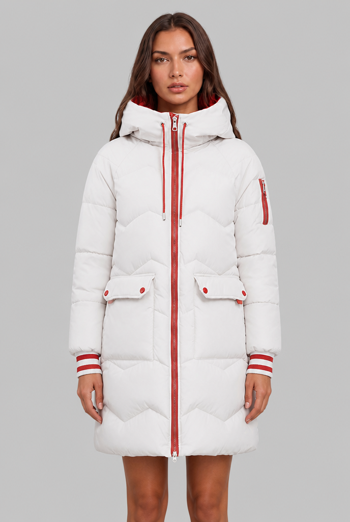 Cappotto Donna Trapuntato Lungo Zip a Contrasto Cappuccio