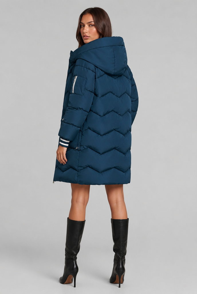 Cappotto Donna Trapuntato Lungo Zip a Contrasto Cappuccio